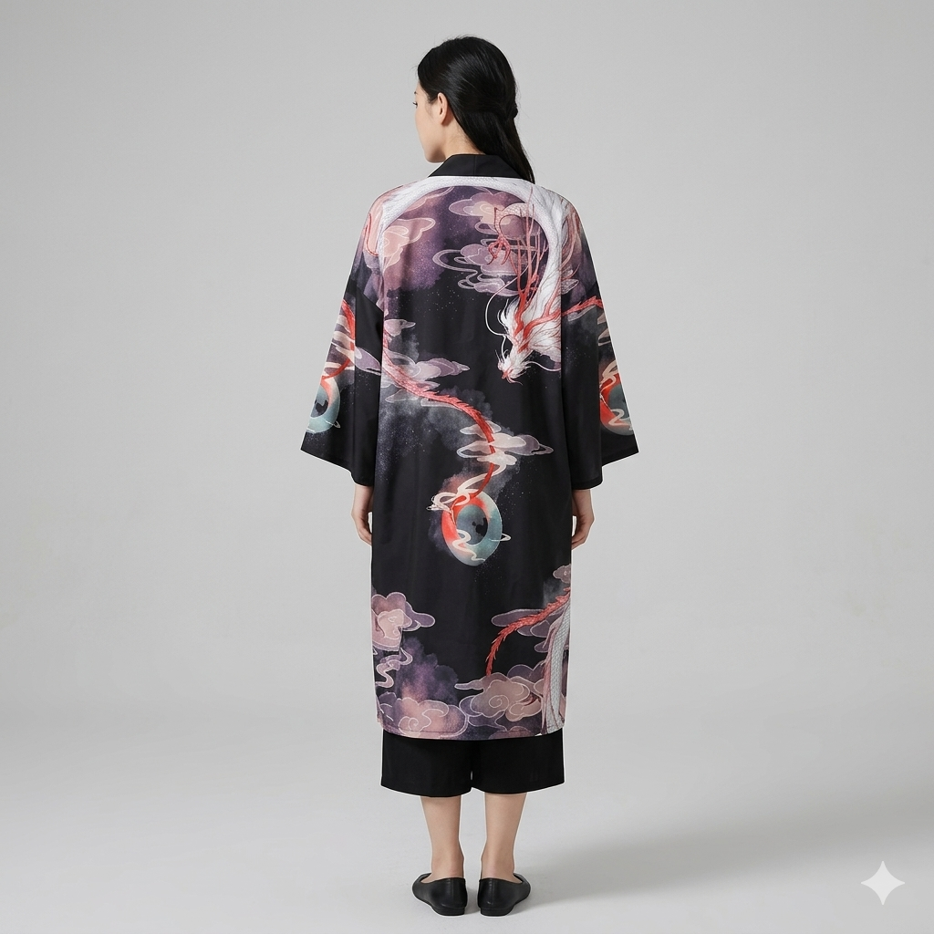 Crane Print Japanese Haori – Retro Summer Kimono Cloak
