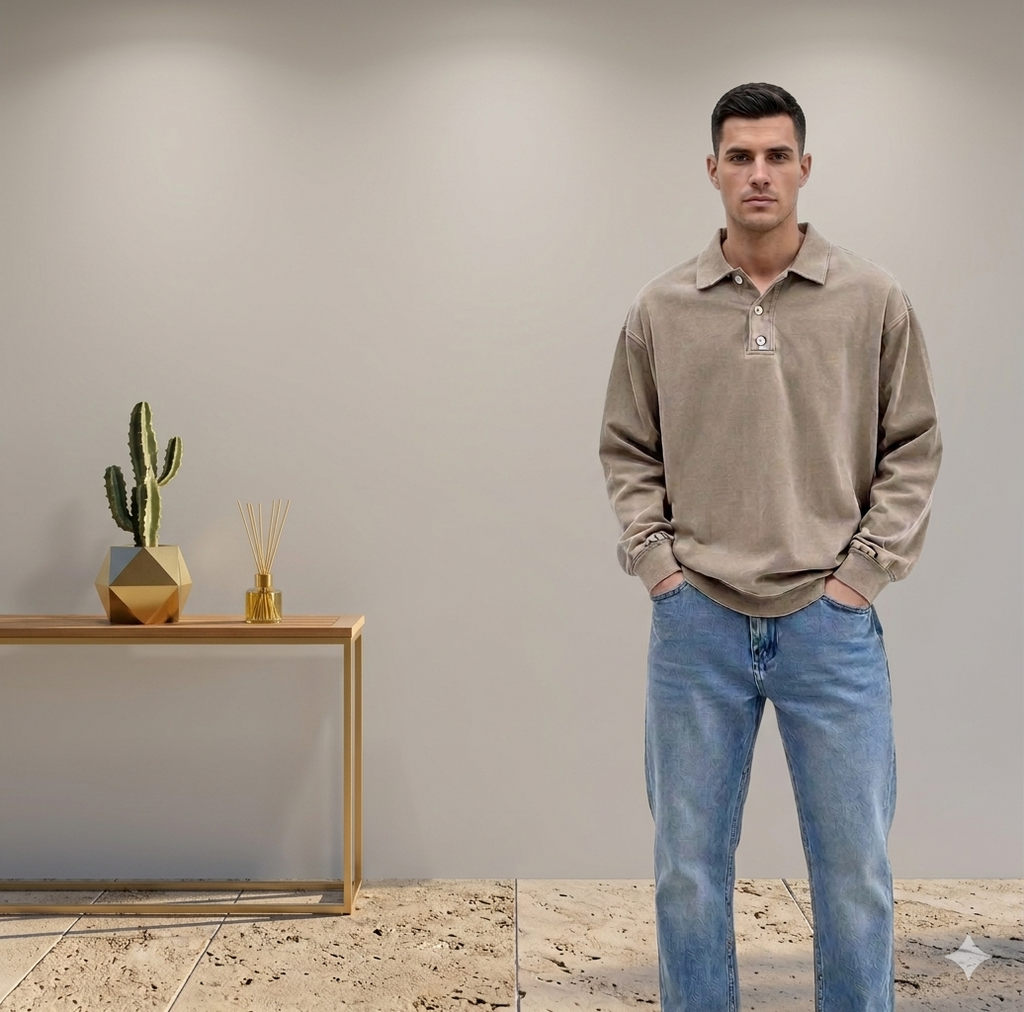 Washed Cotton Long Sleeve Polo