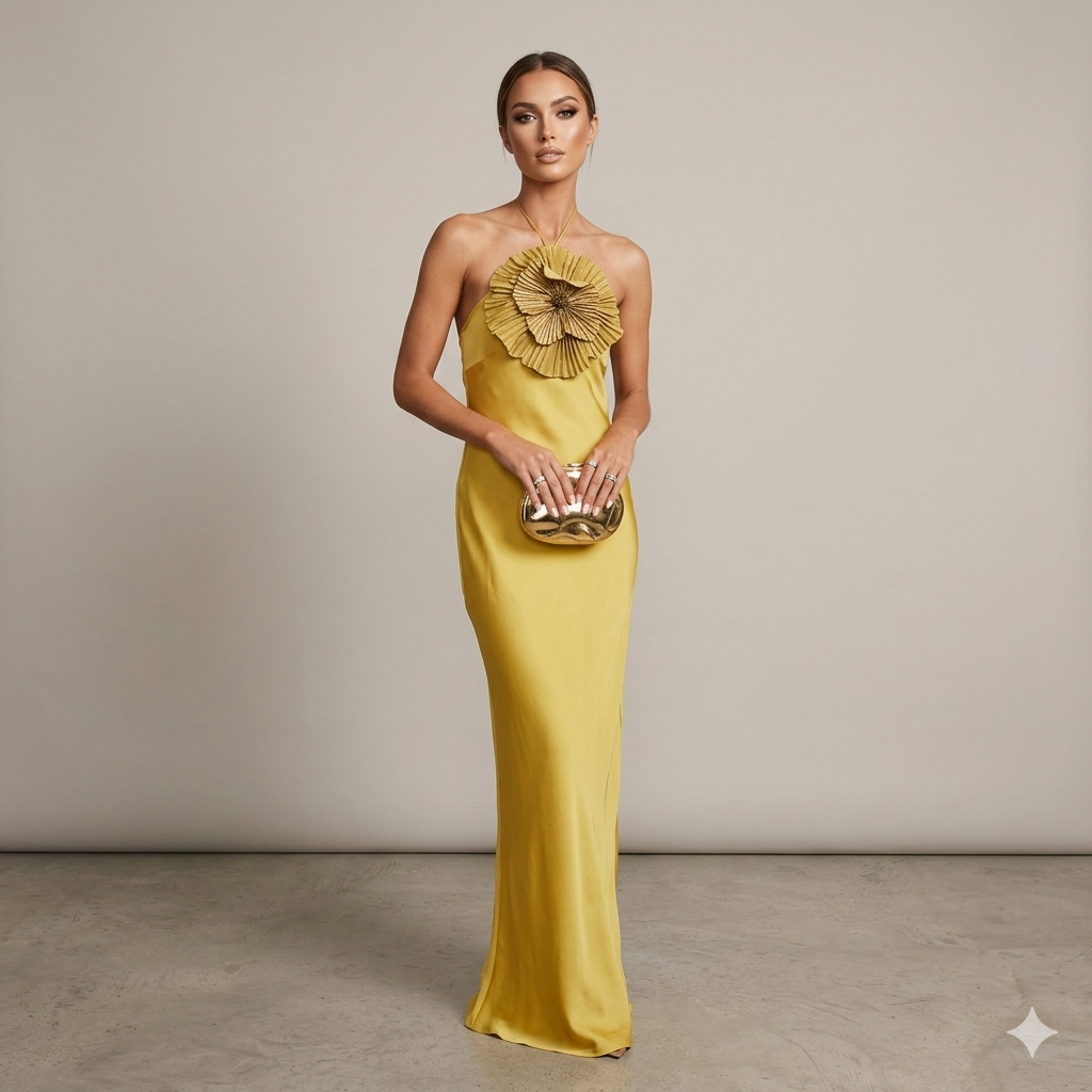 3D Floral Embroidered Halter Gown in Draped Satin