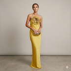 3D Floral Embroidered Halter Gown in Draped Satin