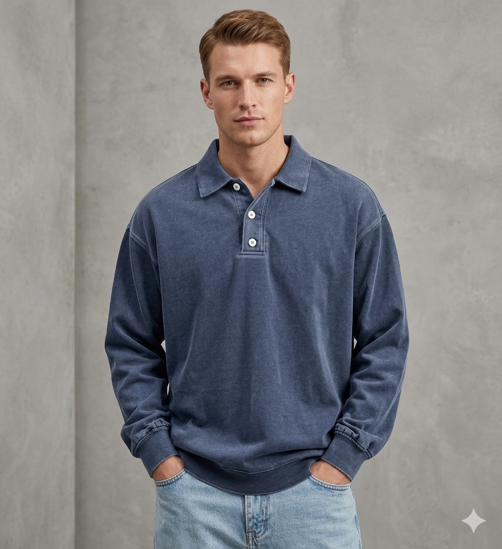Washed Cotton Long Sleeve Polo