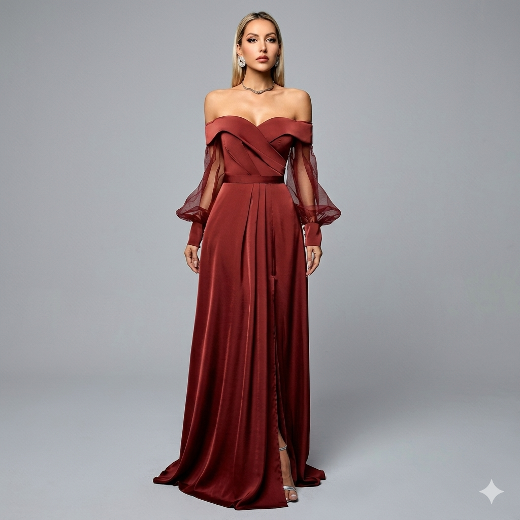 Off-Shoulder Panelled Mesh Gown with Side Slit