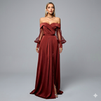 Off-Shoulder Panelled Mesh Gown with Side Slit