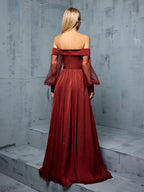Off-Shoulder Panelled Mesh Gown with Side Slit