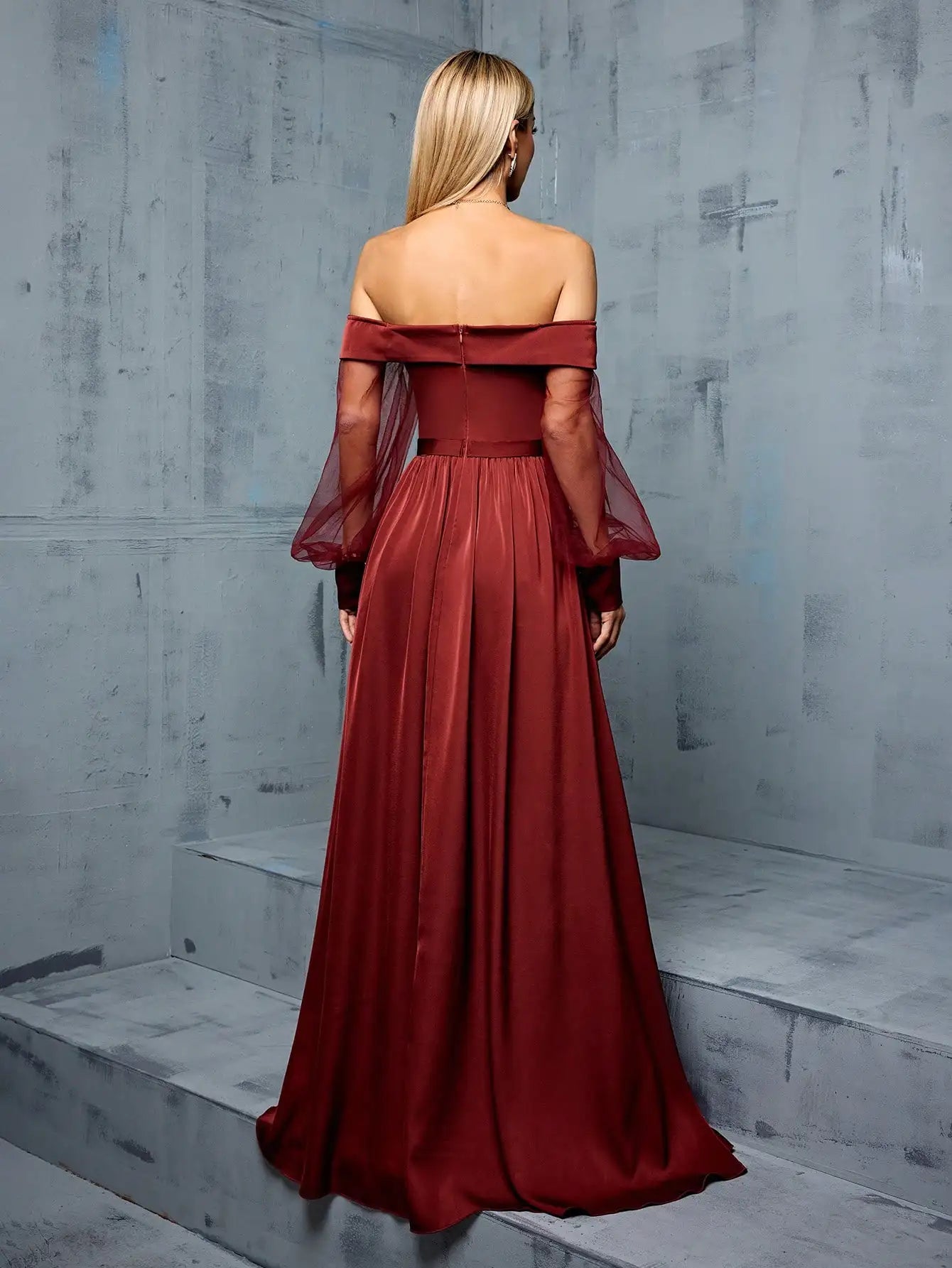 Off-Shoulder Panelled Mesh Gown with Side Slit