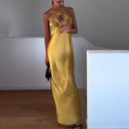 3D Floral Embroidered Halter Gown in Draped Satin