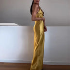 3D Floral Embroidered Halter Gown in Draped Satin
