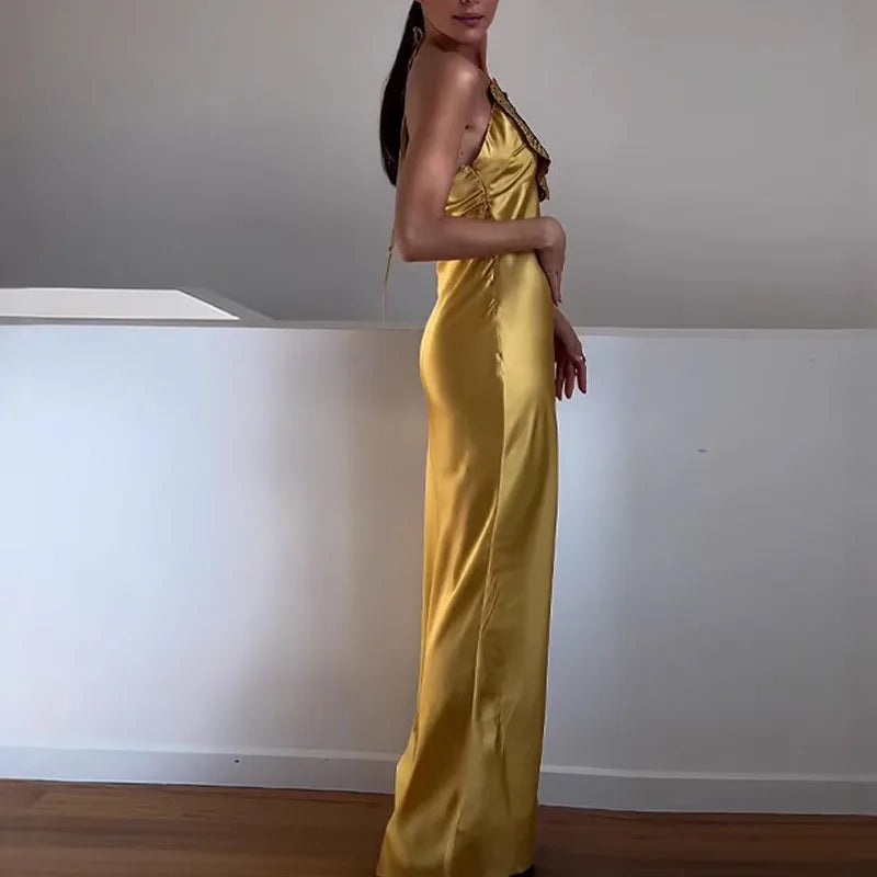 3D Floral Embroidered Halter Gown in Draped Satin