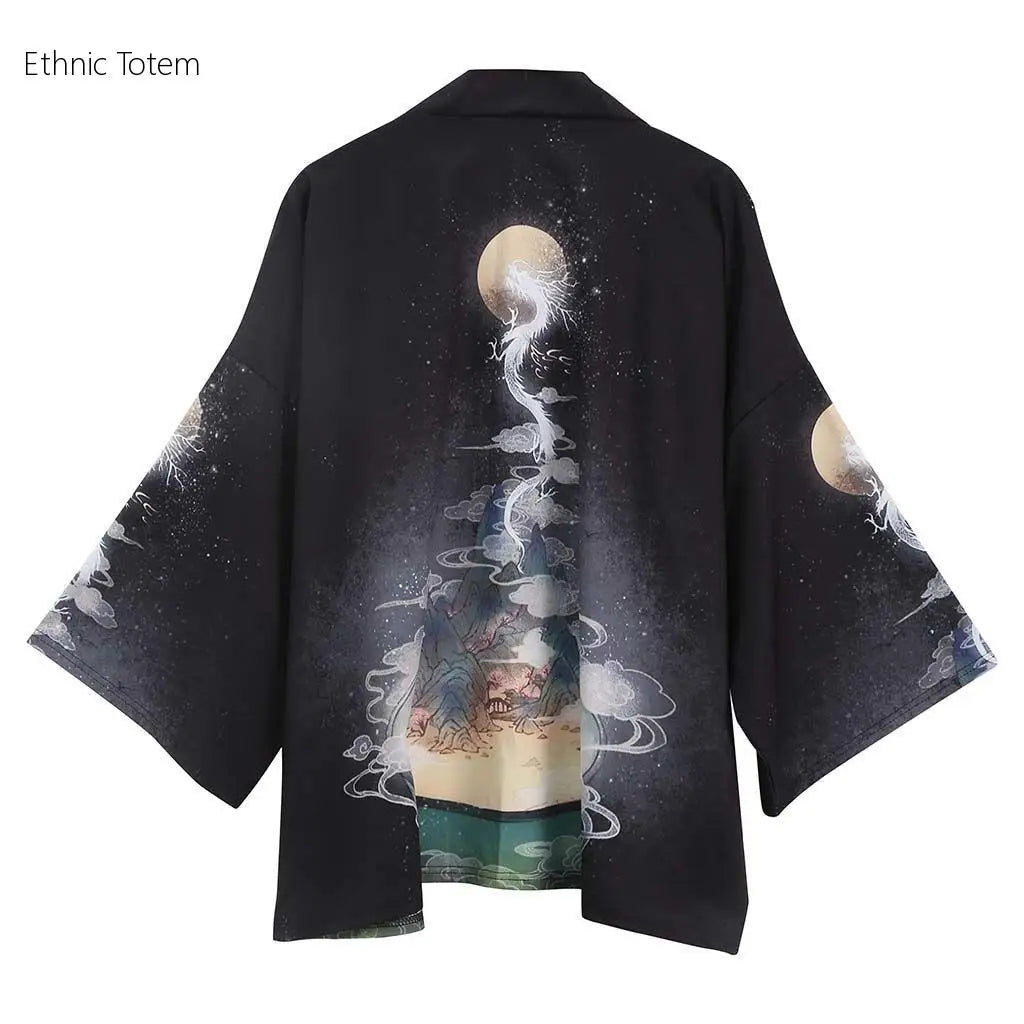 Crane Print Japanese Haori – Retro Summer Kimono Cloak