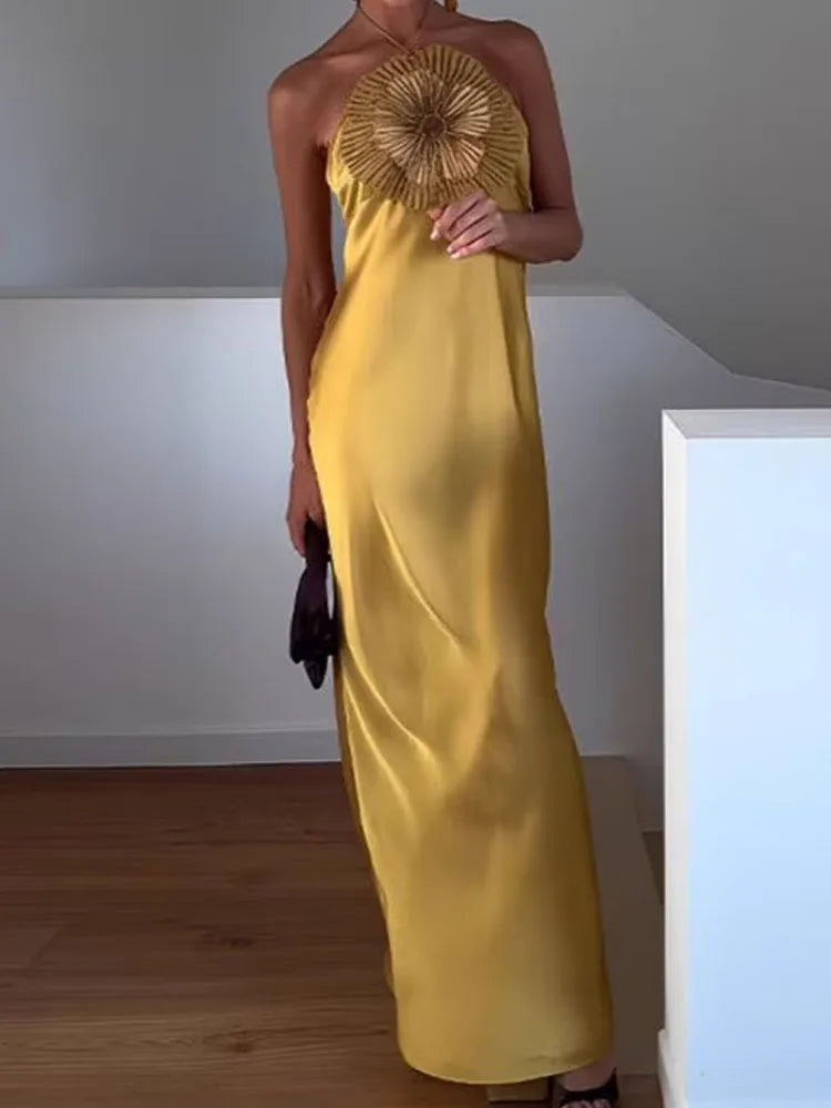 3D Floral Embroidered Halter Gown in Draped Satin