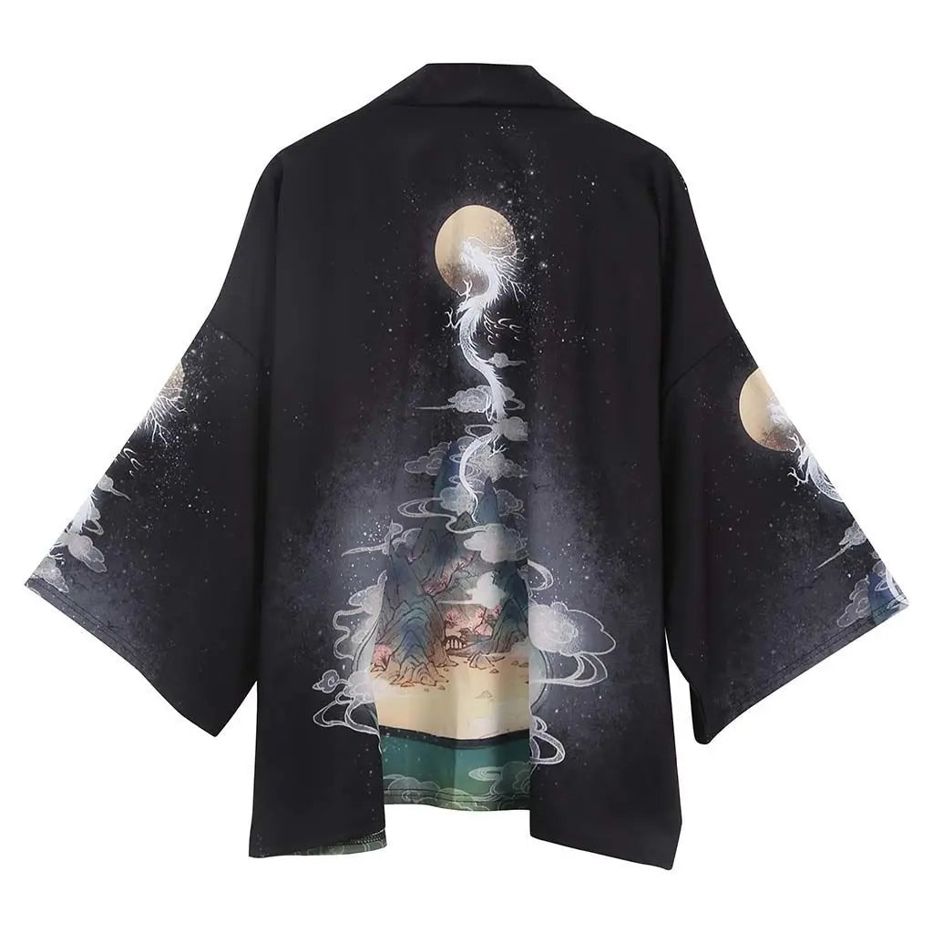 Crane Print Japanese Haori – Retro Summer Kimono Cloak