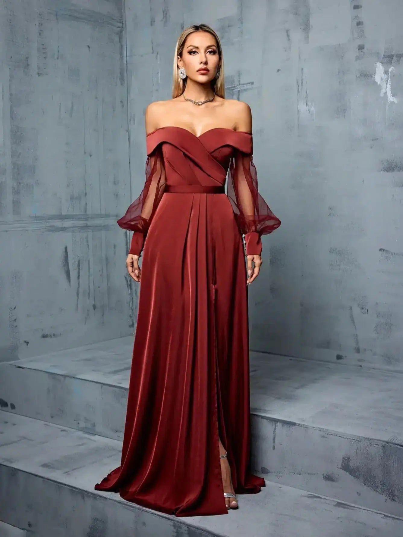 Off-Shoulder Panelled Mesh Gown with Side Slit