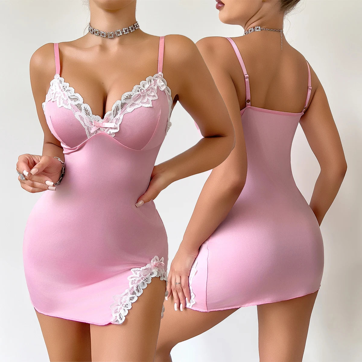Seductive Deep V Pink Nightgown