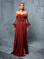 Off-Shoulder Panelled Mesh Gown with Side Slit
