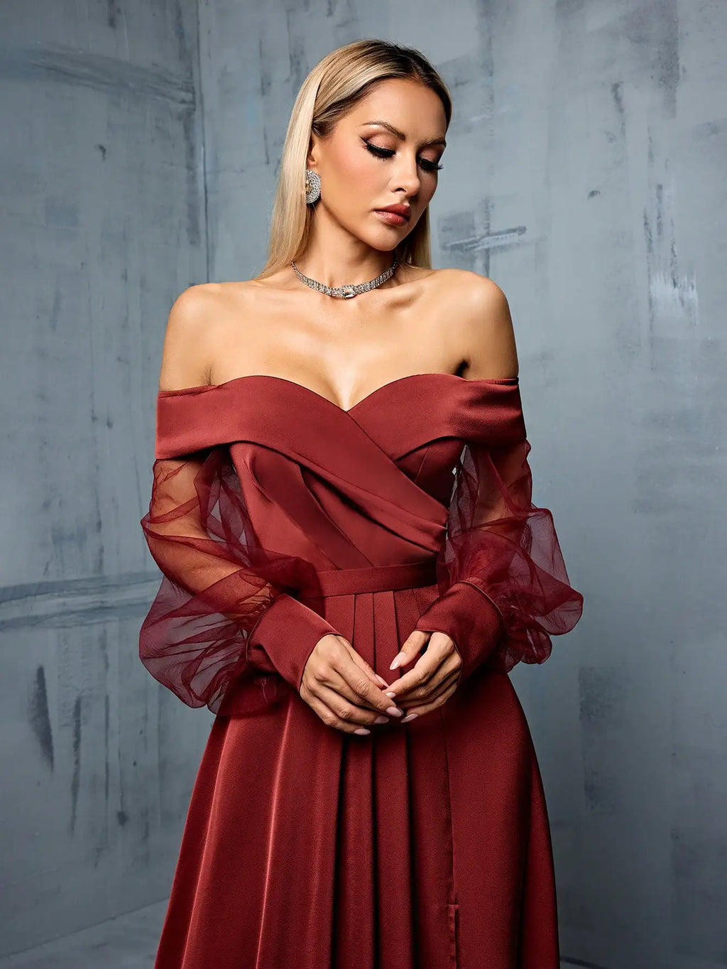 Off-Shoulder Panelled Mesh Gown with Side Slit