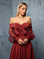 Off-Shoulder Panelled Mesh Gown with Side Slit