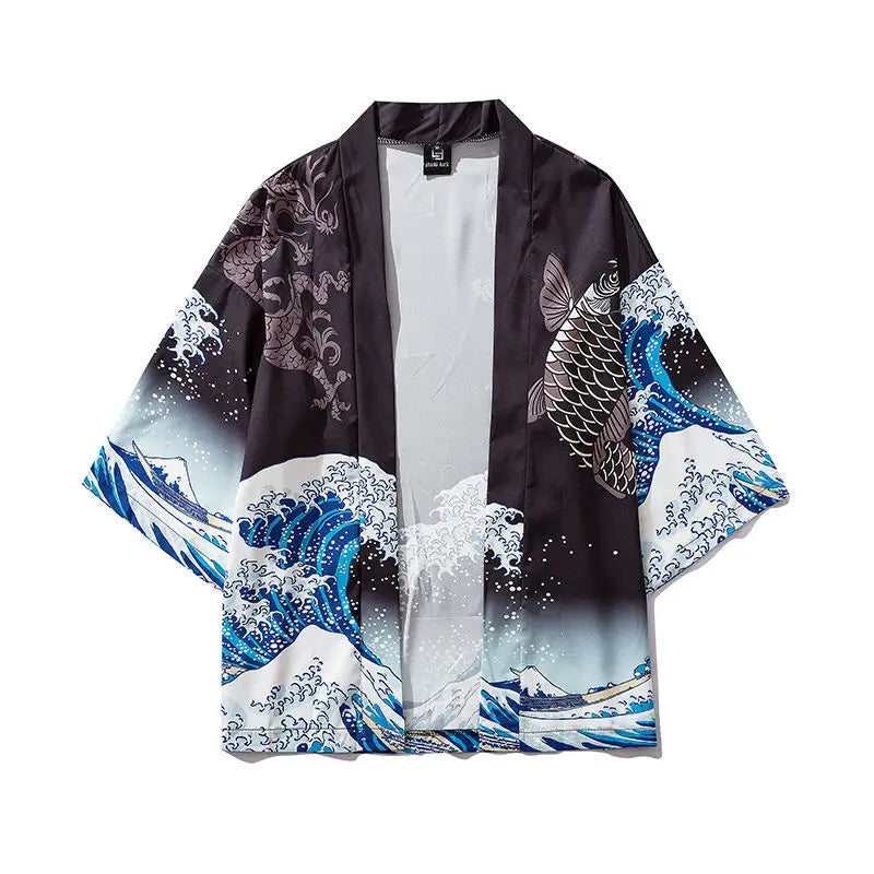Crane Print Japanese Haori – Retro Summer Kimono Cloak