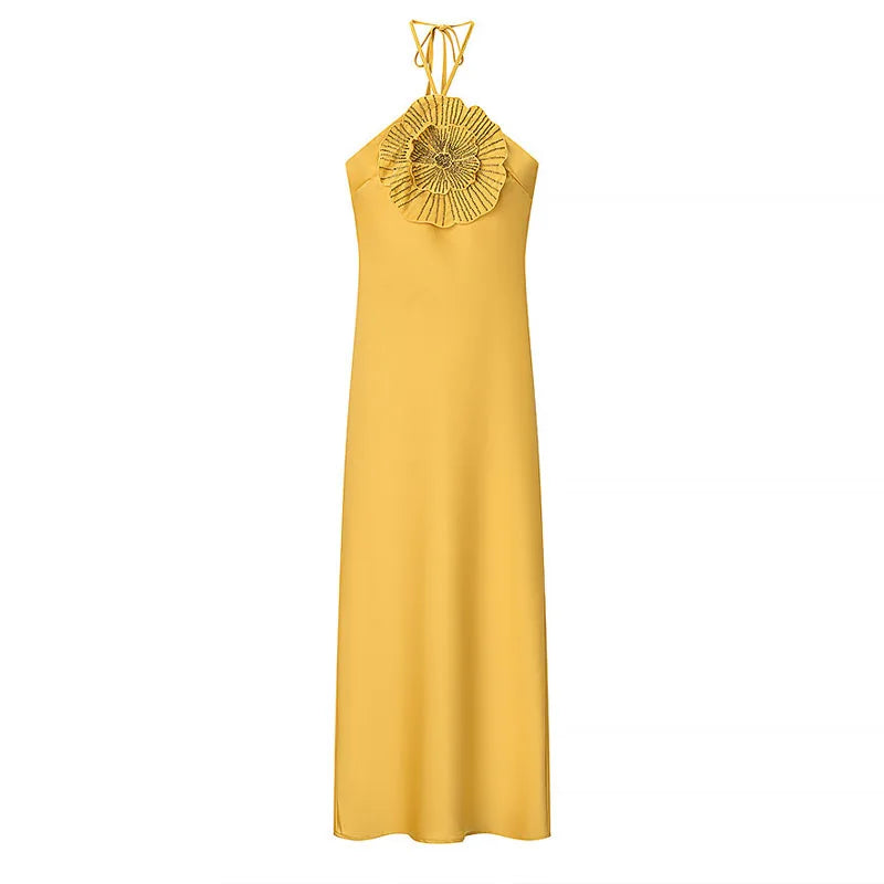 3D Floral Embroidered Halter Gown in Draped Satin
