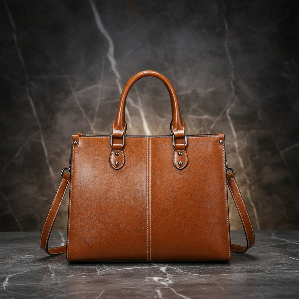 Brown leather handbag with a shoulder strap on a white background