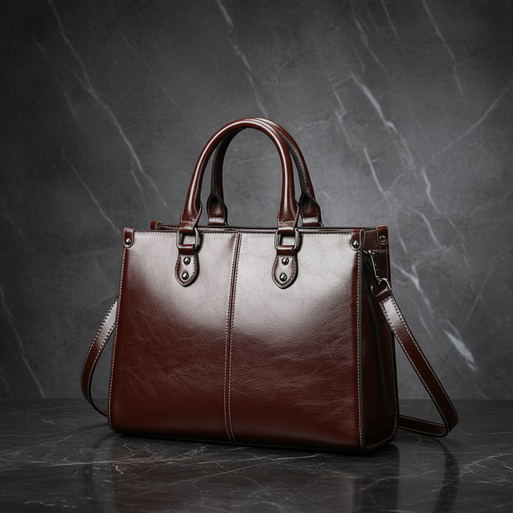 Brown leather handbag with a shoulder strap on a white background