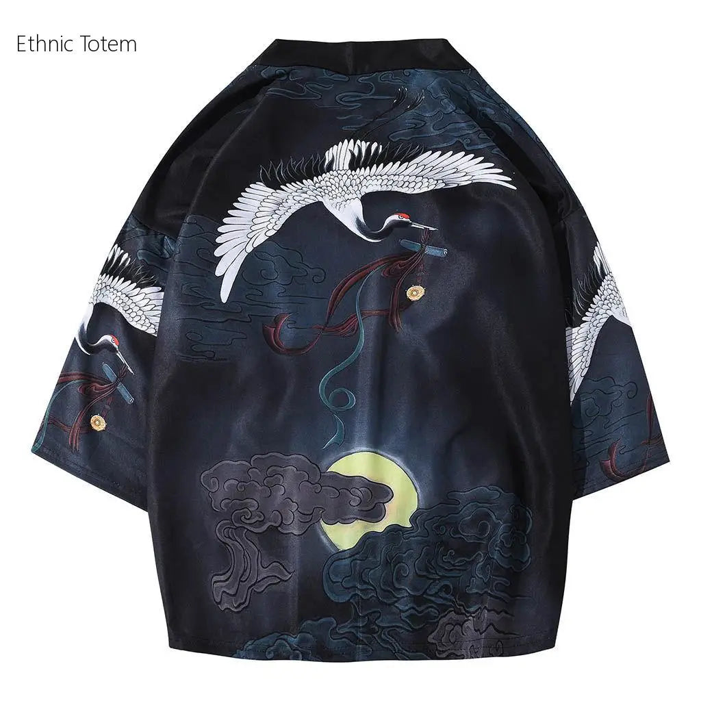 Crane Print Japanese Haori – Retro Summer Kimono Cloak