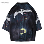 Crane Print Japanese Haori – Retro Summer Kimono Cloak