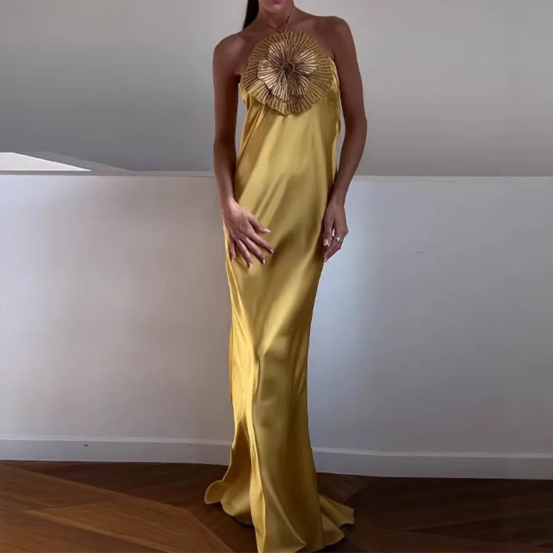 3D Floral Embroidered Halter Gown in Draped Satin
