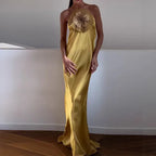 3D Floral Embroidered Halter Gown in Draped Satin