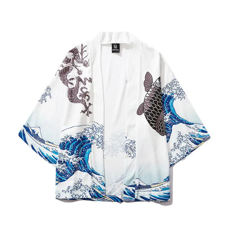 Crane Print Japanese Haori – Retro Summer Kimono Cloak