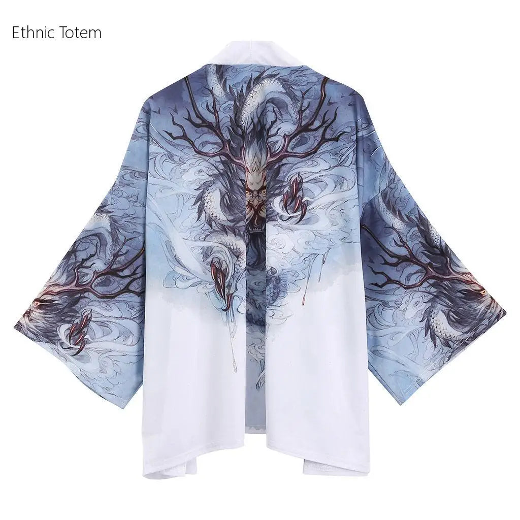 Crane Print Japanese Haori – Retro Summer Kimono Cloak