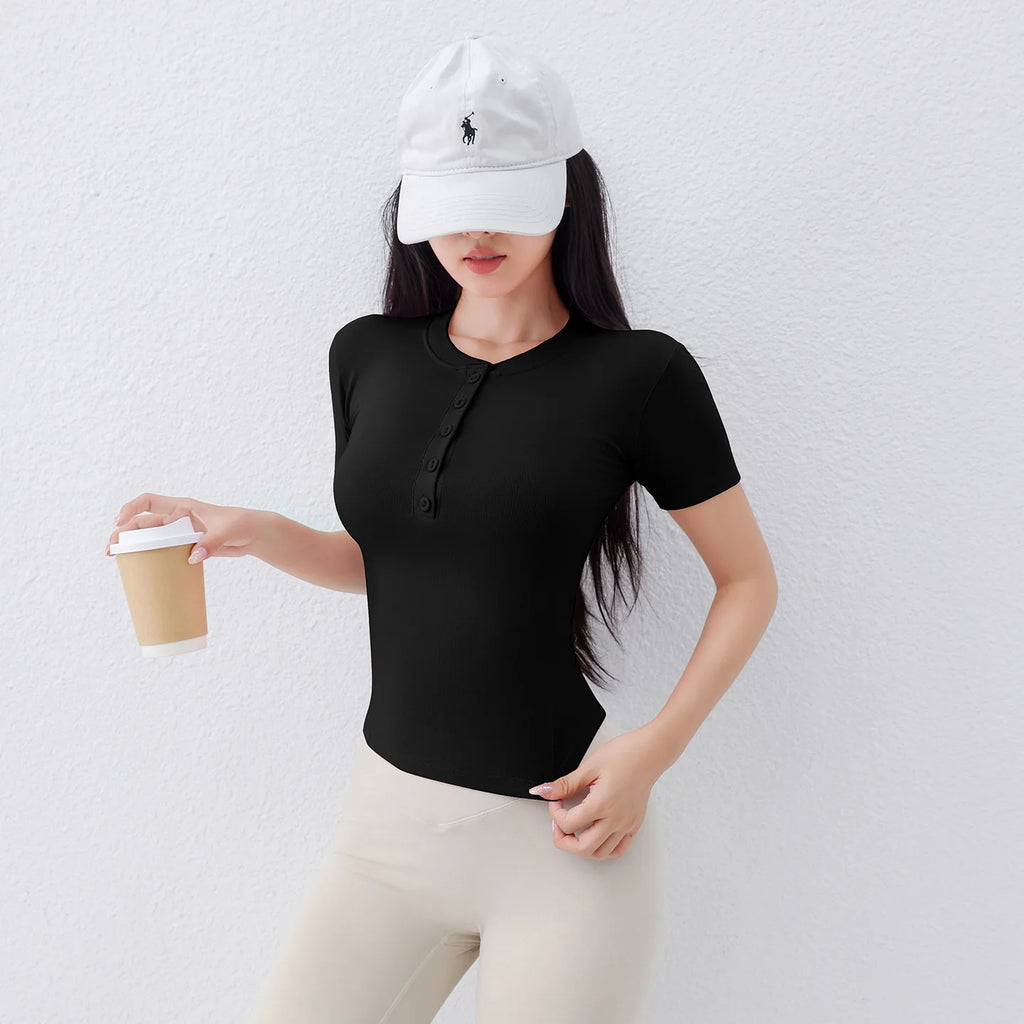 "Zen-Ribbed" Henley Yoga Tee