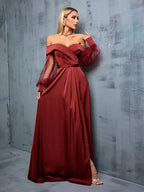 Off-Shoulder Panelled Mesh Gown with Side Slit