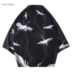 Crane Print Japanese Haori – Retro Summer Kimono Cloak