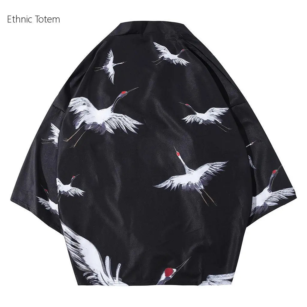 Crane Print Japanese Haori – Retro Summer Kimono Cloak